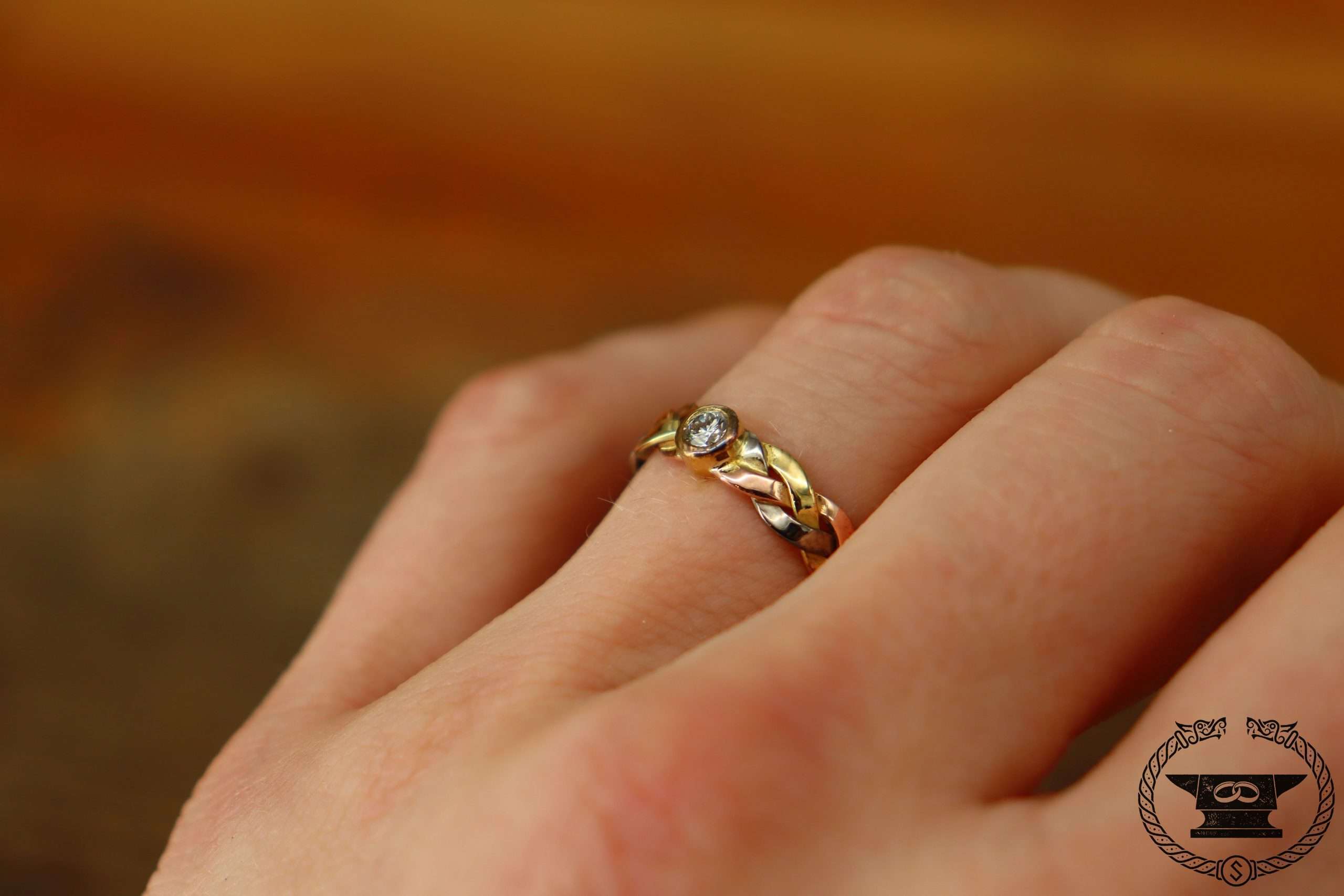 Braided Tricolor Engagement Ring in 14K Gold with Brilliant-Cut Diamond